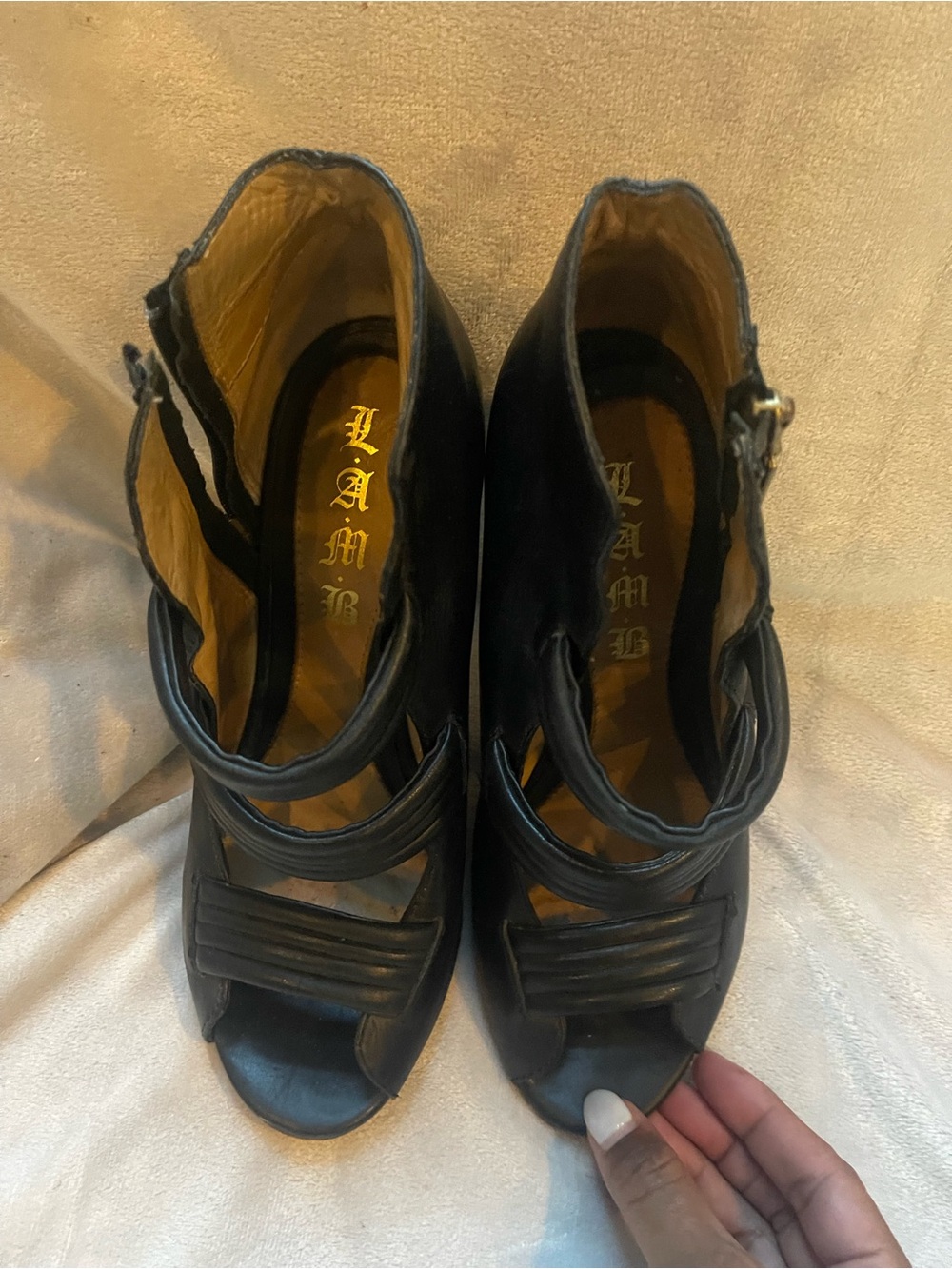 L.A.M.B. Black Women's Peep-Toe Ankle Strap Heels